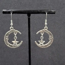 Pierced Earrings Silver tone Man in the Crescent Moon Star Dangle 1"