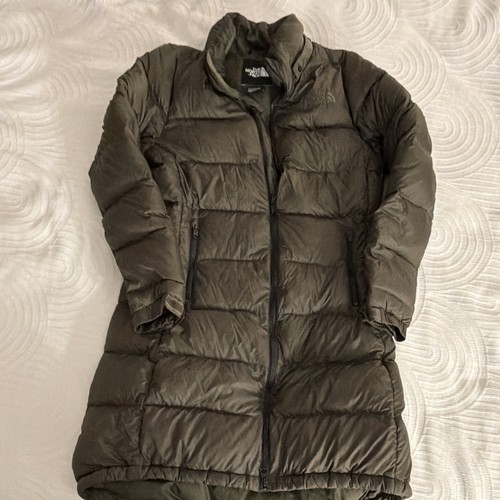 The North Face Long Puffer Jacket Coat Green Insulated Full Zip Pockets S