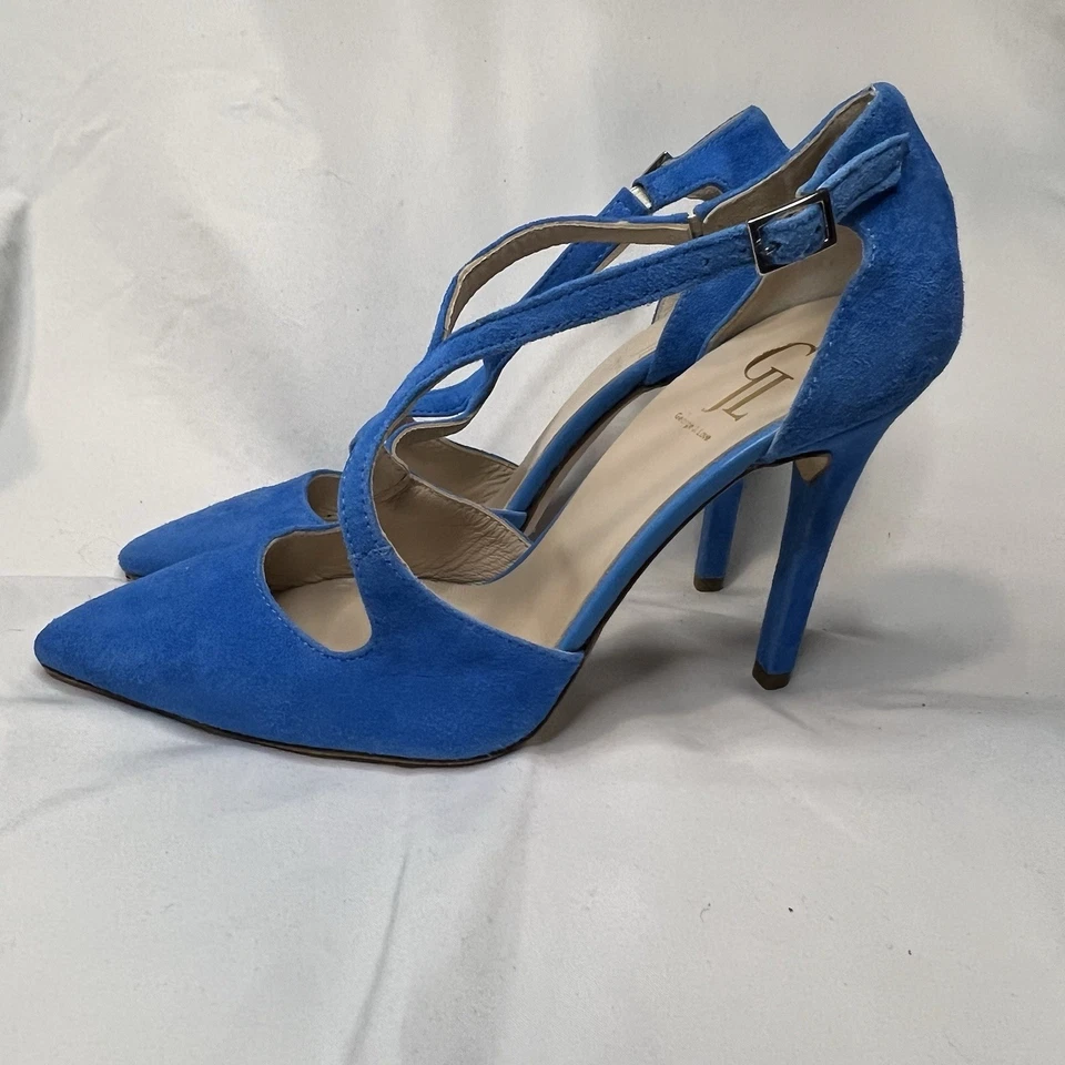 Zapatos de tacón de aguja George J Love azul con correas cruzadas hechos en Italia EU 37 US 7 NUEVOS SIN CAJA Foto 3 de 4