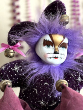 1990's Vintage Porcelain Mardi Gras Jester Clown Mid-Night Furry Doll 10.5