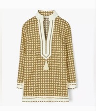 Tory Burch Printed Tory Tunic Top French Cream Basketweave Tassel Size S NWT