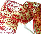Wine Red Arabesque on Green Sheer Wired Ribbon 2.5” by 5 yards Christmas