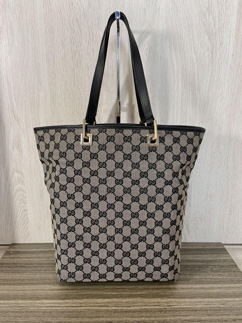 Authentic Gucci GG Navy Leather Canvas Tote Bag Large Capacity-image