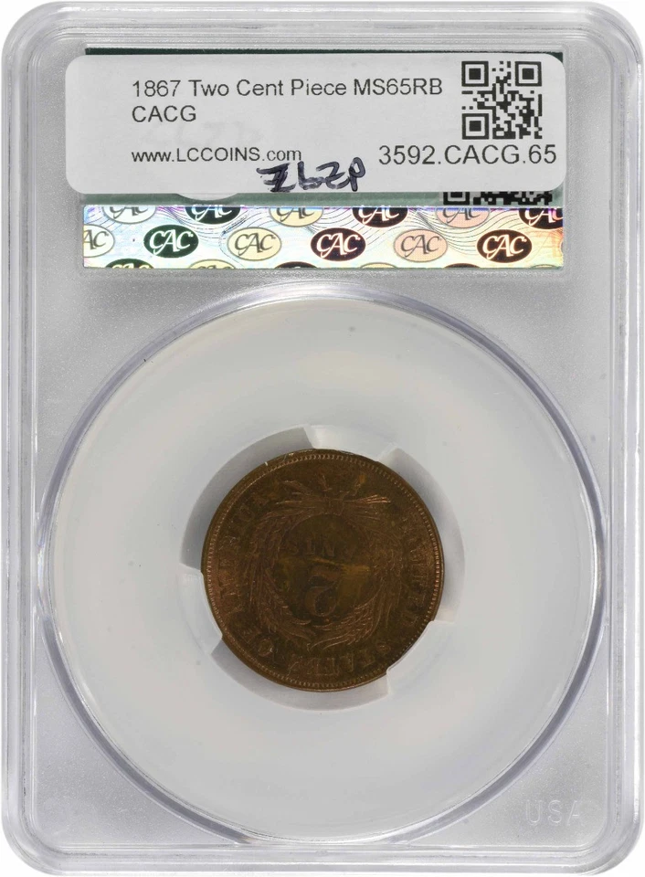 1867 Two Cent Piece MS65RB CACG - Image 2 of 4