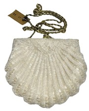 VTG La Regale Beaded Evening Bag Ivory Pearl Glass Beads Gold Chain Strap 20s