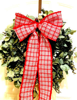 Winter Wreath Bow 12.5  by 24  Handmade with 3  Red Santa Tweed Chenille Edge