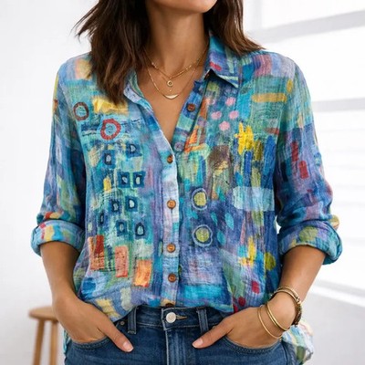 Colorful Abstract Button Down Shirt Artsy Boho Top for Art Teacher Gift