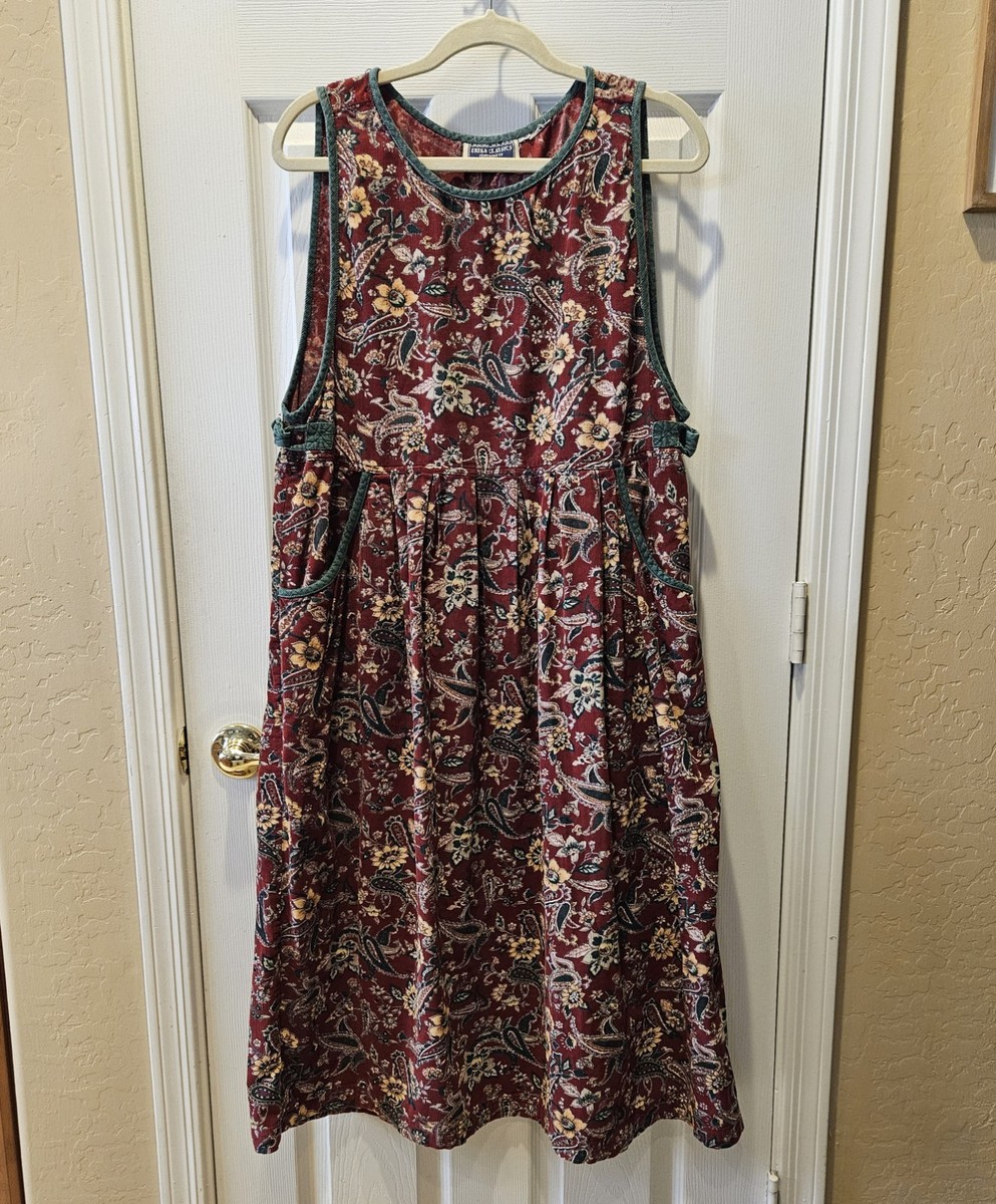 Vintage Erika Classics Corduroy Jumper Dress Burgundy Green Gold Paisley  Size L | eBay