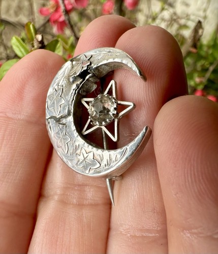 Antike viktorianische Silber Halbmond Mond/Stern Brosche (wie gefunden) - Bild 3 von 10