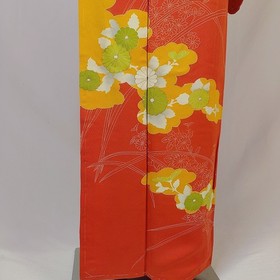 4-Piece Vintage Japanese Silk Kimono Set &ndash; Orange with Gold Accents & Cream Obi