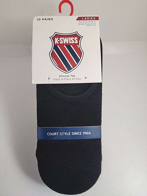 K•Swiss Womens 10 Pairs No Show Socks Size 9-11 Shoe Size-4-10 Black NWT