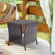 Small Outdoor Rattan Wicker Side Table with Brown Poly Lumber Top and Storage