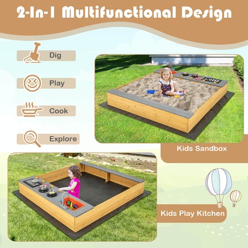 Outdoor Wooden Sandpit Kids Sandbox w/ Bottom Liner Creative Cooking Area - Picture 5 of 8