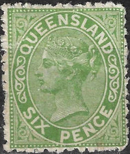 Australia Queensland Stamp 1879 SC# 60 6p yellow green ' Queen Victoria '