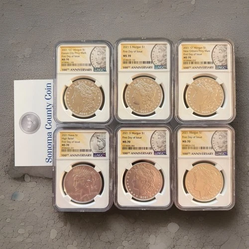 2021 MORGAN & PEACE SILVER DOLLAR NGC MS70 FDOI 100th Anniversary 6 COIN SET