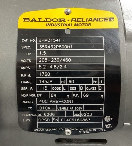 Baldor Reliance JPM3154T AC Gen Purpose/Pump Motor 3-Ph 1-1/2HP 1760RPM (R55 - Picture 10 of 19