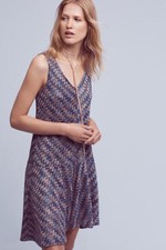 New Anthropologie Westwater Blue Chevron V-neck Sleeveless Flounce Knit Dress L 