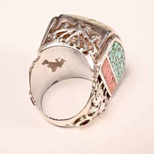 Men's Large Bezel Set Turquoise Coral Silver Southwestern Ring Sz 9 - Picture 7 of 7