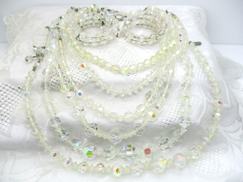 VINTAGE WEAR REPAIR CRAFT LOT 6 AB GLASS CRYSTAL BEAD NECKLACE 2 COIL BRACELETS