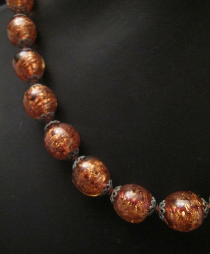 VINTAGE ITALIAN MURANO VENETIAN AVENTURINE ART GLASS BEAD NECKLACE HAND MADE - Picture 4 of 9