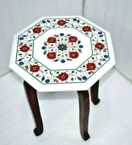 12" Marble Side table top semi precious stone handmade work With Wooden Stand - Image 2 of 4