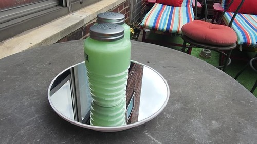JADEITE GREEN 1950's STYLE GLASS SALT AND PEPPER SHAKERS RETRO JARS - Video 1 of 1