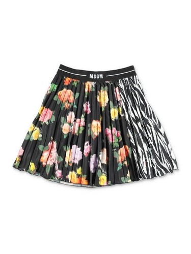 Girl's MSGM M.S.G.M. Black printed techno fabric skirt Floral Zebra Pull On 12