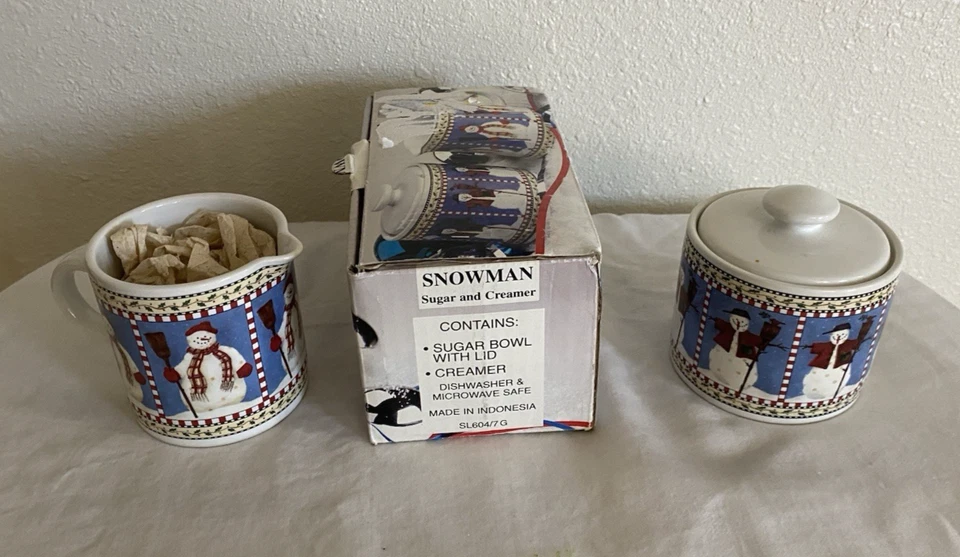 Juego de Azúcar y Crema Sakura Debbie Mumm 1997 Patrón Muñeco de Nieve De Colección Foto 3 de 4