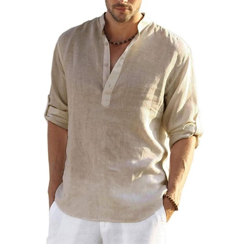Mens Cotton Long Sleeve Shirt Solid Loose Blouse Button Down Tops T Shirt - Picture 14 of 31