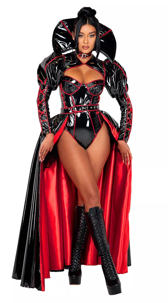 Roma Deluxe Evil Queen Black & Red Vinyl Bodysuit Dress Costume 5077