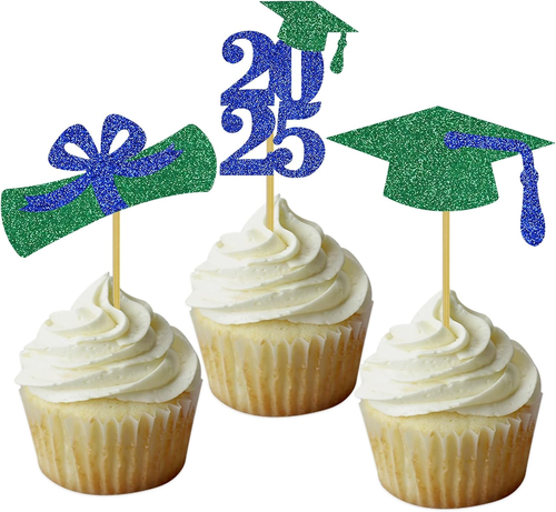 Graduation Cupcake Toppers Grad Party Decoration Food Picks Congrats Glitter Dip