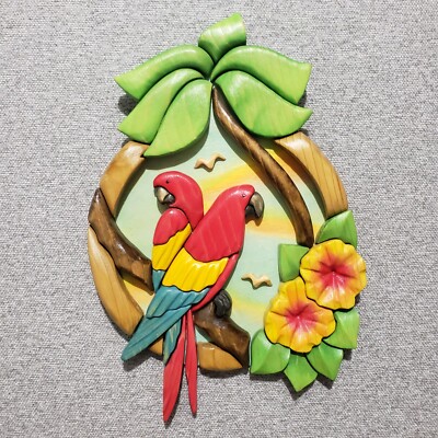 Barbara Sorenson Art Wood Sculpture Plaque Flowers Couple Parrots 2004 Signed