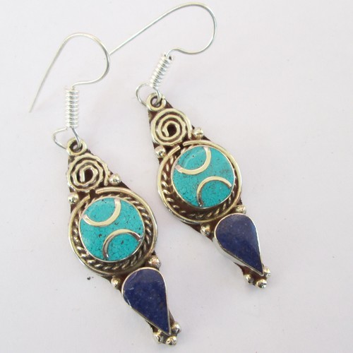 Pendientes colgantes de gancho hechos a mano vintage tibetano lapislázuli turquesa genuino - Imagen 2 de 7