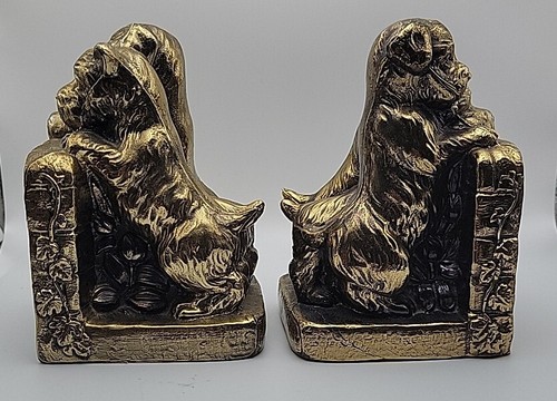 Vintage Gold Tone Cast Metal Terrier Puppies Looking Over Fence Bookends EUC - Picture 4 of 6