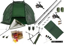 Carp Fishing Set Up Kit Rods Reels Net shelter 3pc Rods Mat Hooks Bait