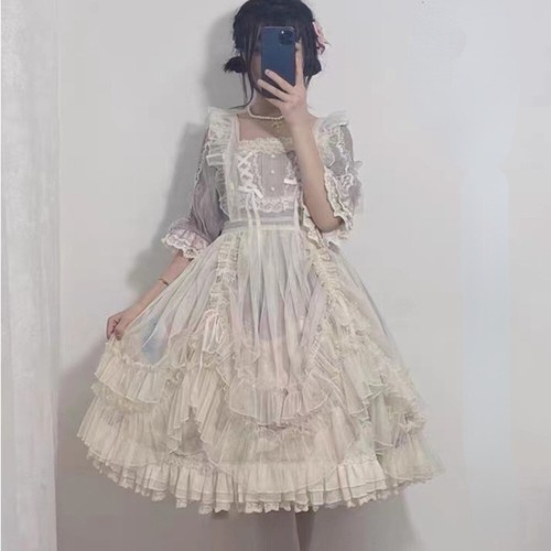 Women Girl Lolita Dress Petticoat Strappy Ruffles Lace Mesh Sarong Sheer Cute - Picture 11 of 14