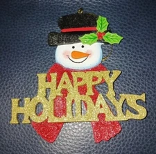 Wooden Snowman Painted and Glitter Christmas Ornament "Happy Holidays" 