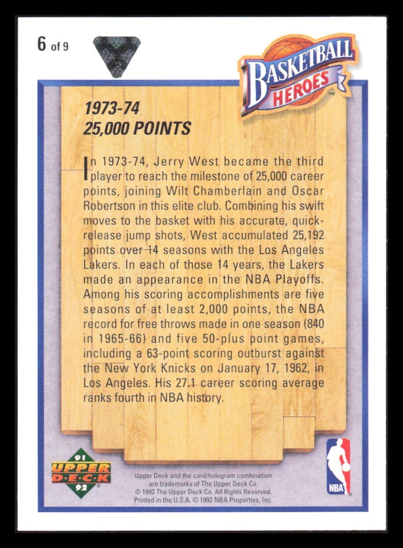 1992 Upper Deck Jerry West Basketball Heroes Cards You Pick