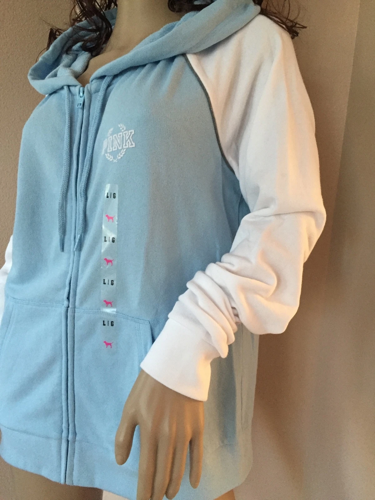 UNDERCOVER Felpa con cappuccio Victorias's Secret ROSA perfetta cerniera intera grande giacca blu bianca