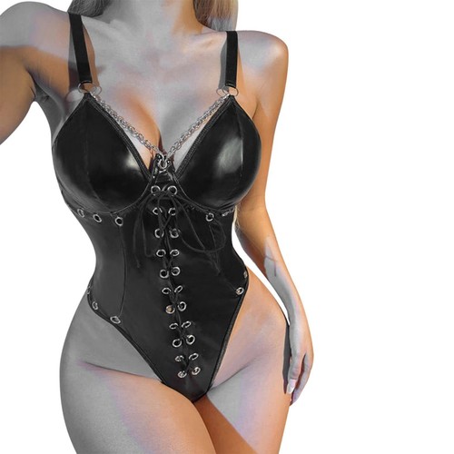 Women's PU Leather Bodysuit Lace Up Teddy Lingerie Bodysuit Clubwear Halloween - Picture 4 of 27