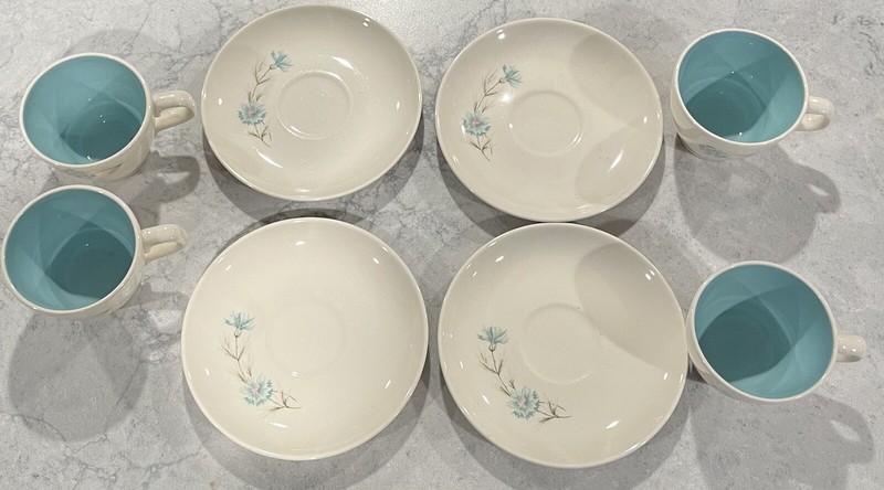 Vintage 70s 8 pc Tea Cup Saucer Set Taylor Smith & Taylor Ever Yours BOUTONNIERE