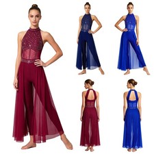 US Women Lyrical Dance Unitard Glitter Rhinestone Halter Pants Mesh Jumpsuit