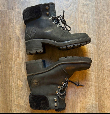Timberland Women s Black Faux Fur Chunky Lined Lace-Up Ankle Bootie Boots US 6.5