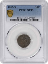 1867-S Liberty Seated Silver Dime EF45 PCGS