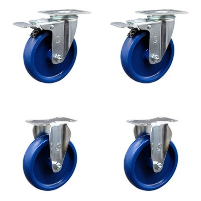 5 Inch Solid Polyurethane Swivel Top Plate Caster Set 2 Lock Brakes 2 Rigid SCC