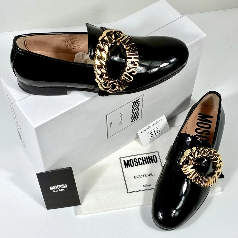 Mocasines Moschino Logo Cadena Cuero Negro Dorado 37 NUEVO Foto 2 de 4