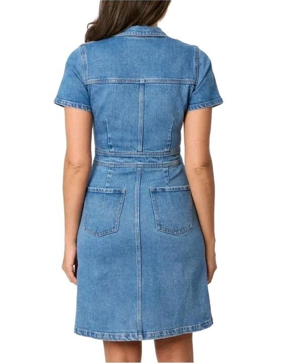 denim dress with pockets Express Women's Denim Gold Button Front Midi Fit And Flare Dress With Pockets in Blue Small