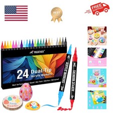 24 Colors Acrylic Paint Markers, Dual Tip with Fine Tip and Brush Tip Pens fo...