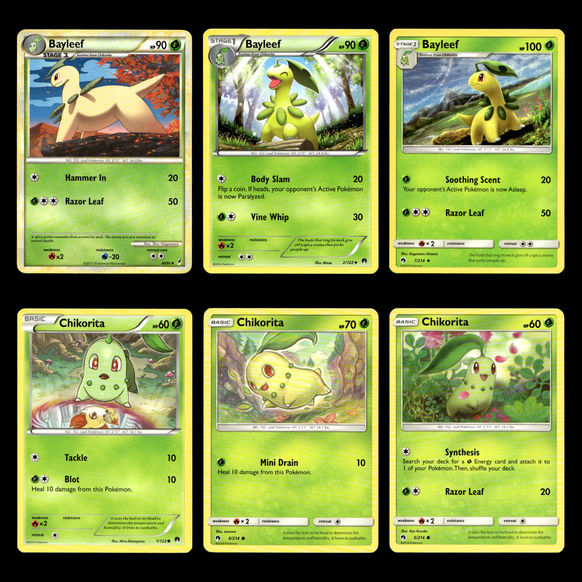 6x Bayleef Chikorita Lot 40 HeartGold SoulSilver Call of Legends Pokemon  Cards