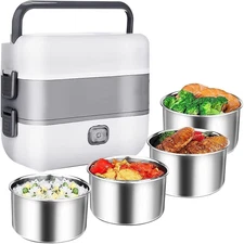 Portable Self Cooking Electric Lunch Box, Mini Rice Cooker, 2 Layers 4 Stainless